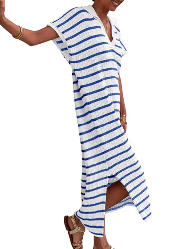 XX-Large Women's Striped V-Neck Knit Sweater Dress Short Sleeve Blue