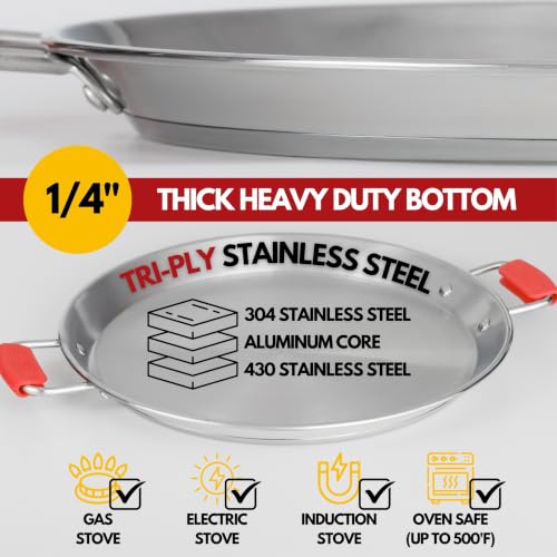20 Inch Stainless Steel Paella Pan - Large Tri-Ply 14 Serving Paellera for Outdoors & Oven Safe