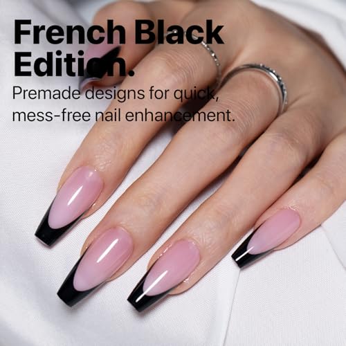 SXC Cosmetics French Tip Press On Nails ? Black Series, Medium Coffin, X-Pro Tips Starter Kit | 150PCS, 15 Sizes, 5 Styles, Beginner-Friendly
