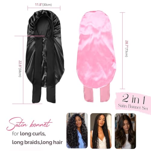 YANIBEST Large Black & Pink Silk Feeling Sleep Bonnet for Long Hair & Braids