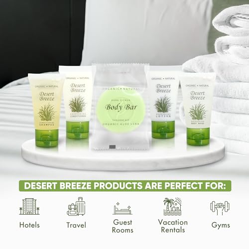 Travel Size Hotel Toiletry Set 75 Count 1 oz Bottles Guest Amenities for Vacation Rentals and Short Term Rentals Paraben Free Green Tea Lemongrass Scent Infused with Aloe and Olive Oil | Desert Breeze