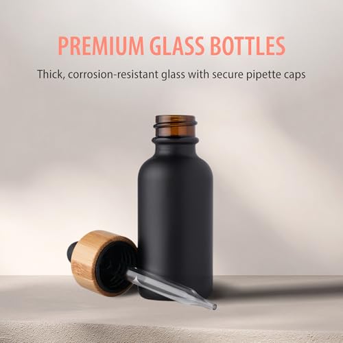 Black Boston Round Dropper Bottles - 1 oz Reusable Glass with Bamboo Cap - 24 Pack