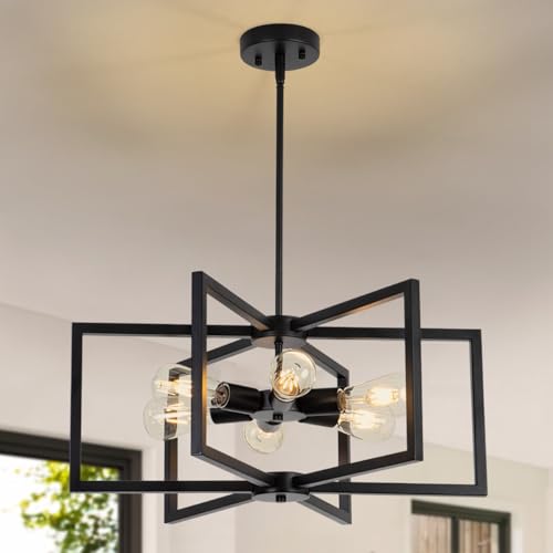 Black E26 6-Light Farmhouse Chandelier for Dining Room Kitchen Pendant Light with Adjustable Height