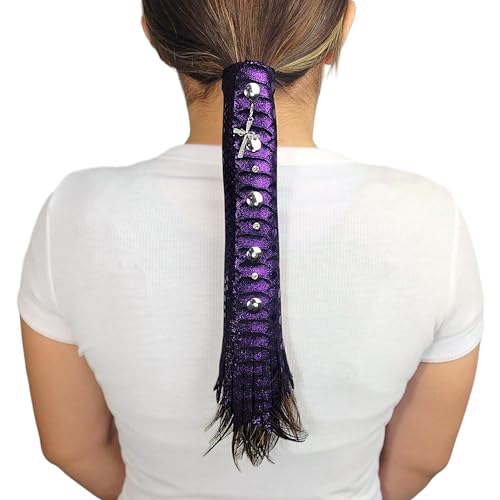 Purple 8-Inch Glitter Leather Hair Wrap for Ponytail & Helmet - Handmade in USA