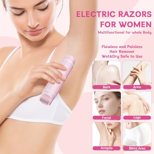 Bikini Trimmer for Women, 2-in-1 Electric Razors for Women with Dual Head, IPX7 Waterproof Wet & Dry Electric Shaver for Women, Womens Electric Razor for Bikini, Pubic Hair, Underarm, Legs and Arms