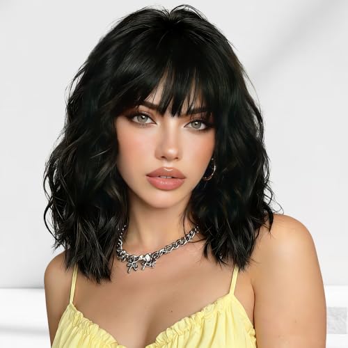 Black Wigs for Women 16 Inch Wavy Short Style with Bangs - Lightweight & Natural Looking