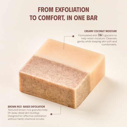 Brown Rice & Coconut Milk Soap Bar - Smoothing Exfoliating Body Soap for Arms & Legs - Cold Process Handmade Bars with Coconut Oil, Made in Vietnam (Pack of 5)