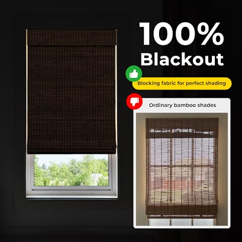 UNISHADES Blackout Cordless Bamboo Roman Shades 34 3/4×64 in Penang Teak