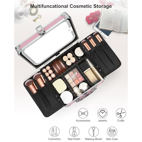 Relavel Makeup Bag with LED Mirror, Cute Makeup Box Travel Train Case with Rechargeable Lighted Mirror, Cosmetic Brush Organizer Storage for Makeup Artists Gifts for Women and Girls, Pink