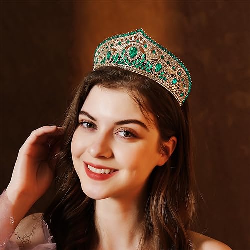 Crystal Wedding Tiara for Women Royal Queen Crown Headband - Gold & Green Style D