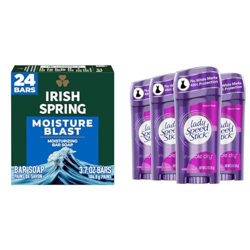 Irish Spring Bar Soap for Men, Moisture Blast, 3.7 Oz, 24 Pack & Lady Speed Stick Invisible Dry Antiperspirant Deodorant, Shower Fresh, 2.3oz, 4 Pack