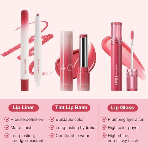 3PCS Lip Combo Set ? Matte Lip Liner Pencil, Hydrating Tint Lipstick & Shine Gloss, Non-Sticky Long-Lasting Plumping Lip Makeup Kit for Women, Volume Sculpt Trio, 02