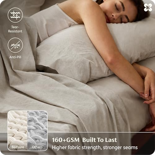 Queen Linen Beige Bed Sheets Set - Breathable Cotton-Linen Blend, 4 Pieces