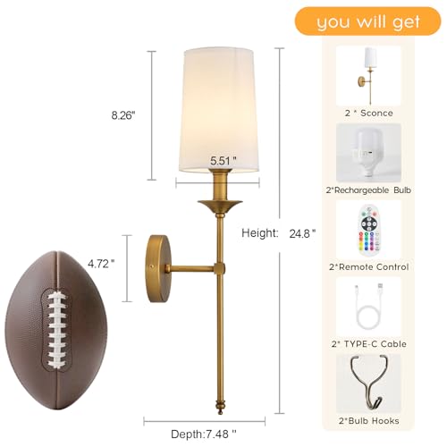 PASSICA DECOR Antique Brass Battery Operated Wireless Wall Sconce Set of 2 with Remote, Dimmable RGB & Timer