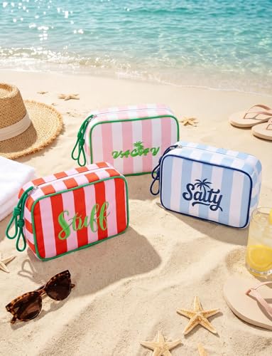 Travel Makeup Bag with Embroidered Salty Letter - Blue Striped Cosmetic Organizer for Women, Vacation & Beach Trips