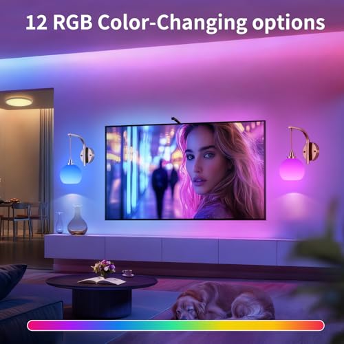 Gold Rechargeable Battery Operated Wall Sconce Set of 2 with RGB & Dimmable Warm White Light - Remote Control