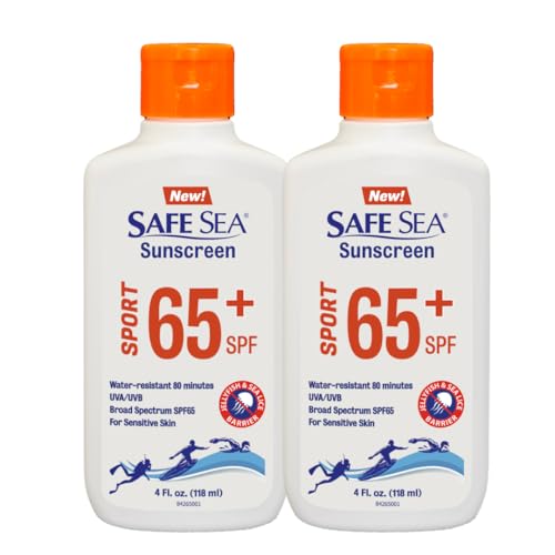 Safe Sea SPF 65+ Sport Sunscreen Lotion - 4oz Pack of 2, Jellyfish & Sea-Lice Sting Protection, Water-Resistant Biodegradable SPF Sunscreen