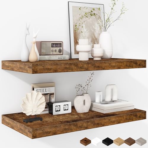 Rustic Brown Floating Shelves Set - 23.6 Inch Deep Wall Storage - Extra Thick & Deep for Living Room, Kitchen, Farmhouse Decor
