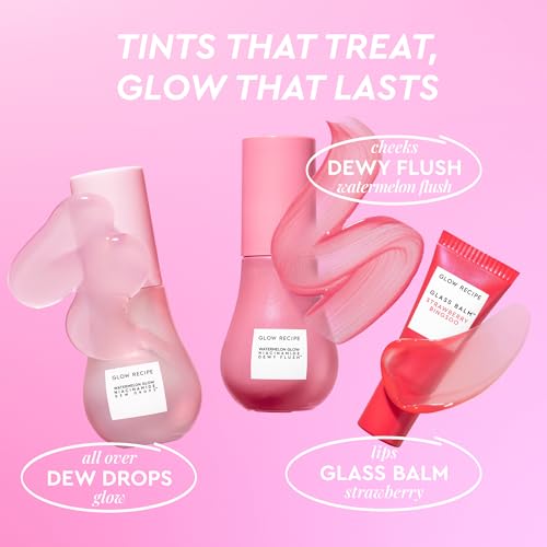 Glow Recipe Watermelon Glow Skin Care Set, Best of Dews & Hues - Full Size Niacinamide Dew Drops, Full Size Dewy Flush Watermelon Blush & Full Size Glass Balm Lip Treatment (3 Count)
