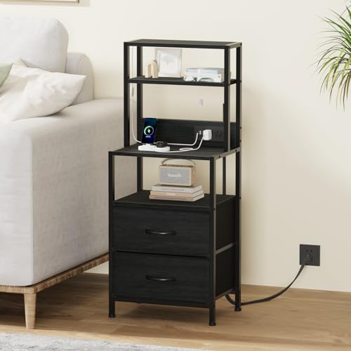 Furnulem Night Stand with 4 Shelves, 2 Fabric Drawers, Black Oak, 2 Drawer - Tall Bedside Table with Charging & LED Lights