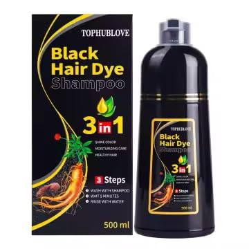 TOPHUBLOVE Black Hair Dye Shampoo, 3-in-1 Natural Formula, 500ml