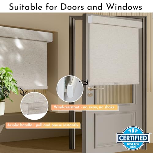 Persilux Blackout Linen Roller Shades - 34.5 x 64 Inches, Cream, Cordless, Insulated Window Blinds for Home & Office