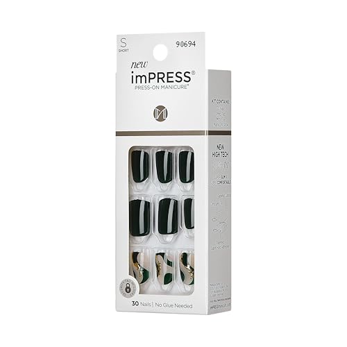 KISS Impress Press-On Manicure Fake Nails, Time Lapse - Short Length, Squoval Shape, Polish-Free Dark Green Gold Design Mani, Includes Prep Pad, Mini File, Manicure Stick, and 30 Fake Nails