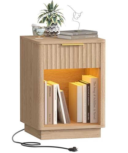 Akxomel Fluted Nightstand Bedside Table with Charging Station - Natural Oak