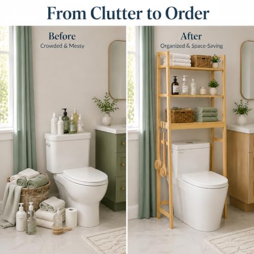BAMBANG Natural Bamboo Over-the-Toilet 3-Tier Storage Shelf with Adjustable Height & Hooks