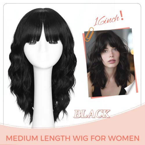 Black Wigs for Women 16 Inch Wavy Short Style with Bangs - Lightweight & Natural Looking