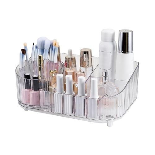 DASITON Clear Rotating Makeup Organizer with Multi-Compartment & Brush Holder