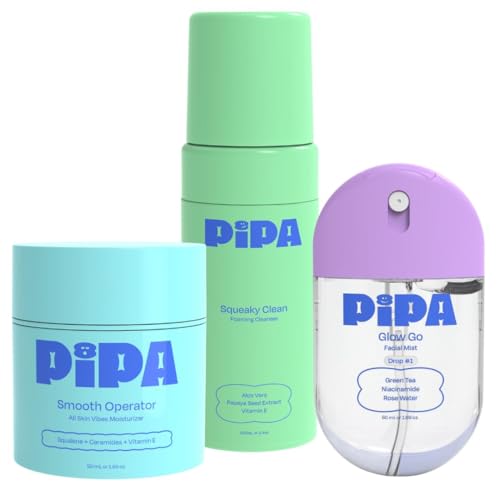 Pipa Clean Start Skincare Bundle for Kids & Tweens ? Glow Go Mist, Smooth Operator Moisturizer, and Squeaky Clean Cleanser for Gentle, Hydrating, and Effective Daily Skincare