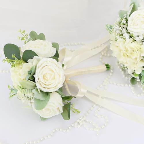 White-2 Set of 6 Bridesmaid Bouquets for Wedding - Ivory Silk Roses & Green Eucalyptus