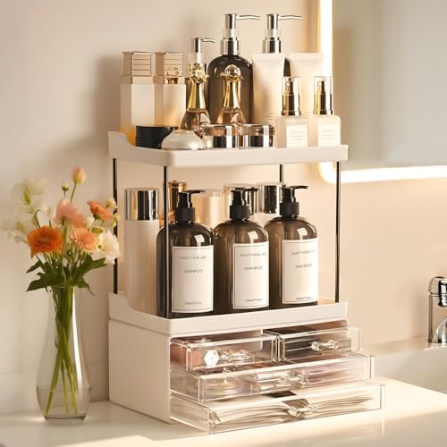 Bathroom Organizers and Storage, 5-Tier 4-Drawer Makeup Organizer Countertop, Multi-Purpose Large Makeup Vanity Organizer, Hair Product, Perfume & Skincare Storage, White