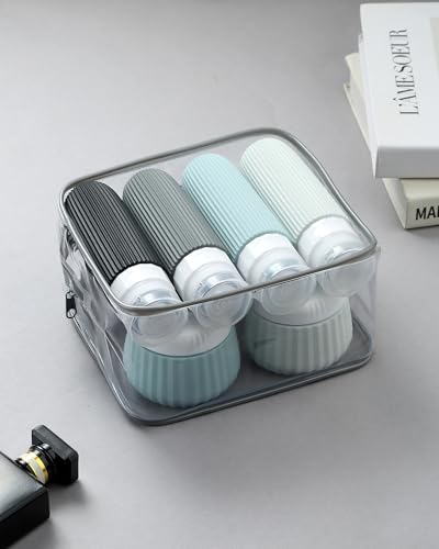 Travel Bottles and Jars Set - 3oz Leak-Proof Silicone Containers with Clear Bag - Black & Gray