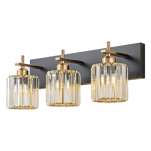 HUOKU Black Gold Round Shade 3-Light Crystal Bathroom Vanity Light Fixture