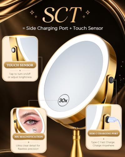 SANFANGIE Brushed Gold 8-Inch Double-Sided Makeup Mirror with Lights, 1X/30X Magnification