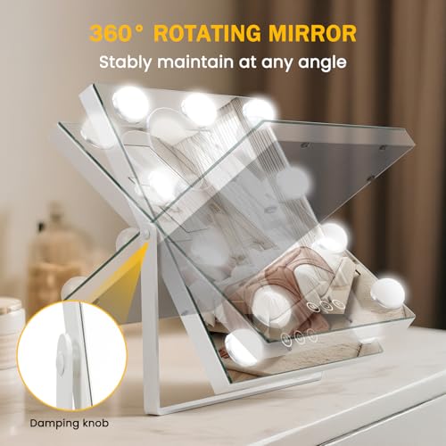 Vanity Mirror with Lights, 16"¡¿10" Hollywood Makeup Mirror with 9 Dimmable Bulbs, 3000mAH Battery, 3-Color Lighting, Dimmable, 360¡Æ Rotation, 10x Magnification, Desk Mirror, Bedroom (White)
