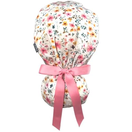 Scrub Cap for Women and Men, Ponytail Scrub Caps, Working Hat, Head Cover with Ribbon Ties and Buttons, Long Hair