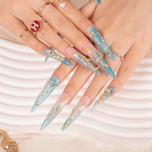 Press On Nails Pisces Blue French Tip - Reusable Stiletto Full Cover Nails