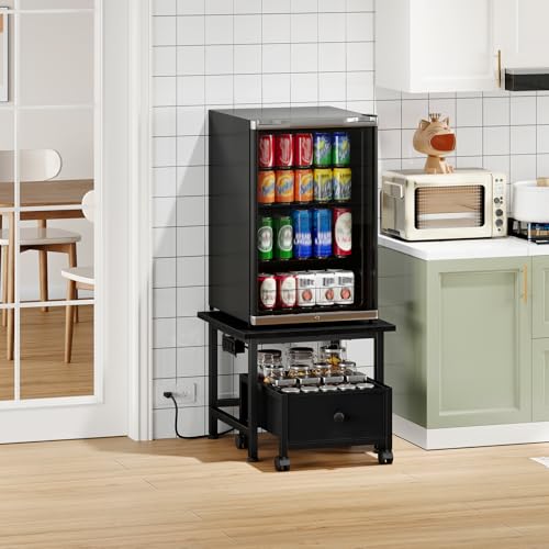 Mini Fridge Stand with Power Outlet & Storage Basket - Black, Wheels, Adjustable Feet