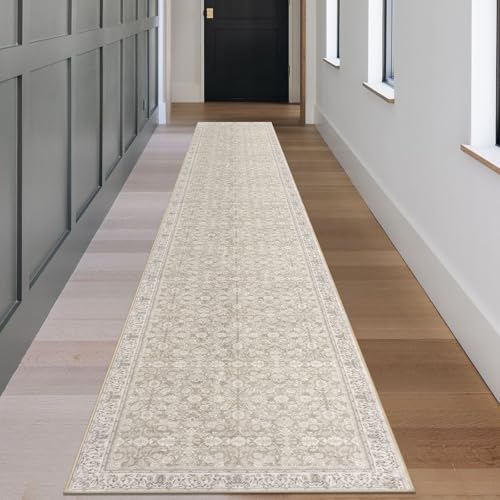 SIILOOM 2.6x18 ft Washable Non Slip Area Rug for Hallway & Kitchen - Cream/Beige/Yellow/White/Grey, Vintage Floral Pattern