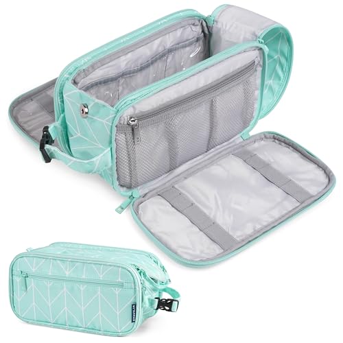 PAVILIA Large Toiletry Bag for Men Women, Mens Travel Bag Toiletries Organizer Case for Grooming, Travel Essentials Shaving Dopp Kit, PU Leather Water Resistant Cosmetic Pouch, Teal Chevron