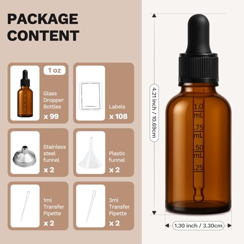 Bumobum 99 Pack, 1 oz Glass Dropper Bottle for Essential OIls, 30 ML Amber Empty Tincture Bottles with Dropper for Serum Hair Cuctile Body Oils Bulk for Storage