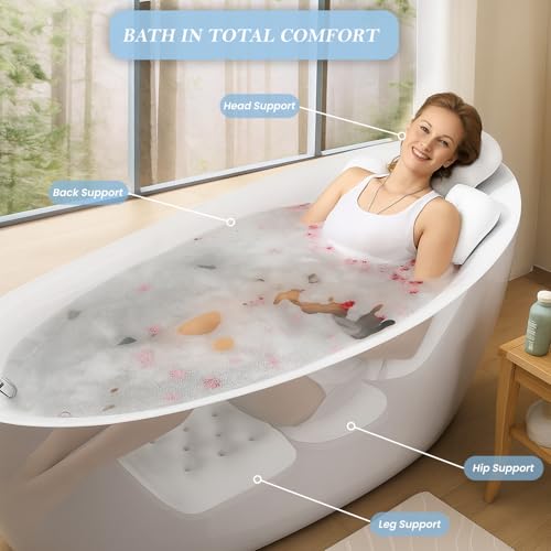 Bath Pillow for Tub 4D Air Mesh Fabric Plush Bathtub Pillow for Neck & Back Support, Hot Tub Pillow with 6 Non-Slip Suction Cups, Spa Pillow for Relaxation and Comfort (Full Body White)