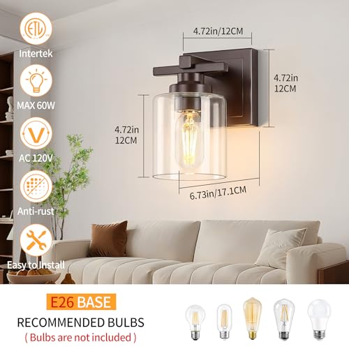 Oil Rubbed Bronze Bathroom Vanity Light with Clear Glass Shade, 1-Light, E26 Socket Over Mirror