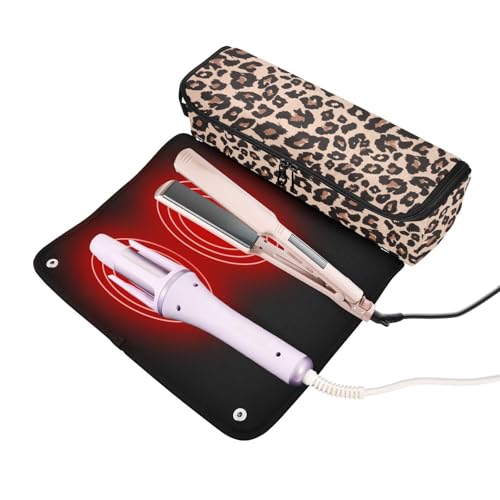 ElliTarr Leopard Print Brown Travel Hair Tools Case with Heat-Resistant Mat, 2-in-1 Curling Iron Organizer