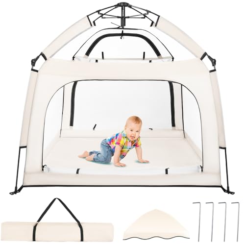 Baby Playpen with Canopy - Square Toddler Beach Tent, Beige, Portable & Foldable