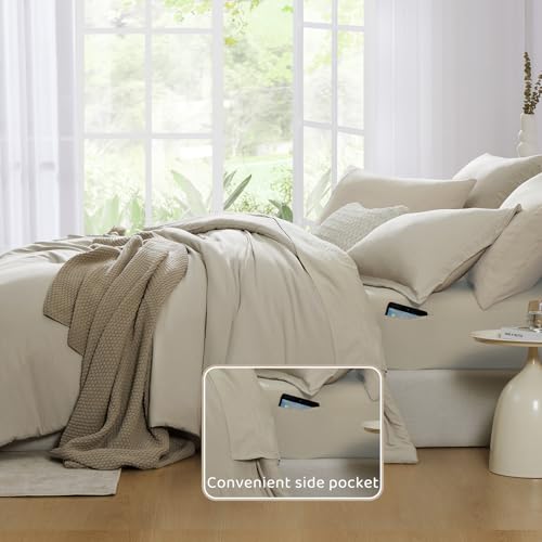 Queen Comforter Set - 7 Pieces Soft Microfiber Bedding in a Bag - Light Oatmeal, Queen (90x90)