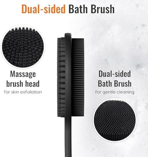 Silicone Back Scrubber with Long Handle - Double-Sided Shower Brush for Exfoliation and Massage - 17 Inch, Black & Gray Variation